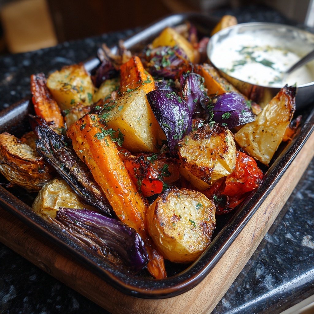 Abendessen mit Ofengemüse und Kräuterjoghurt