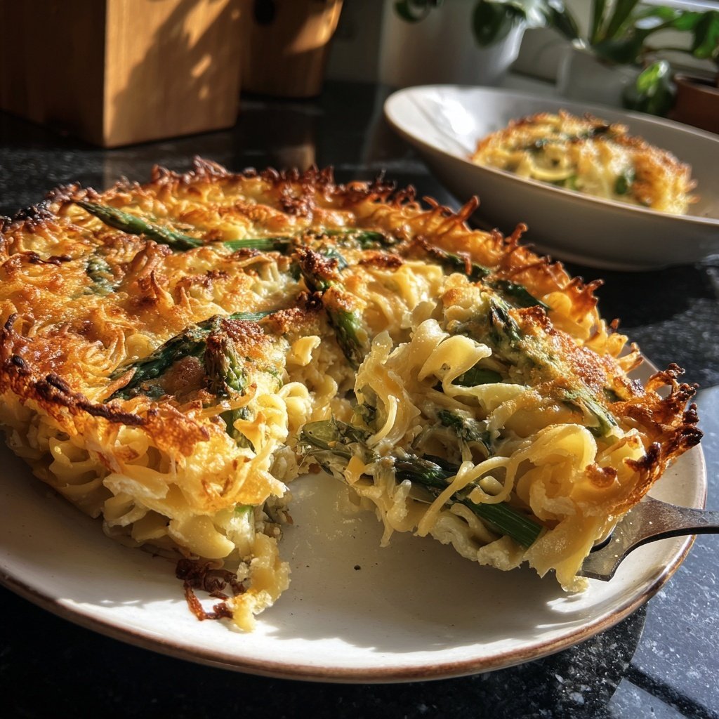 Vegetarischer Nudelauflauf mit grünem Spargel
